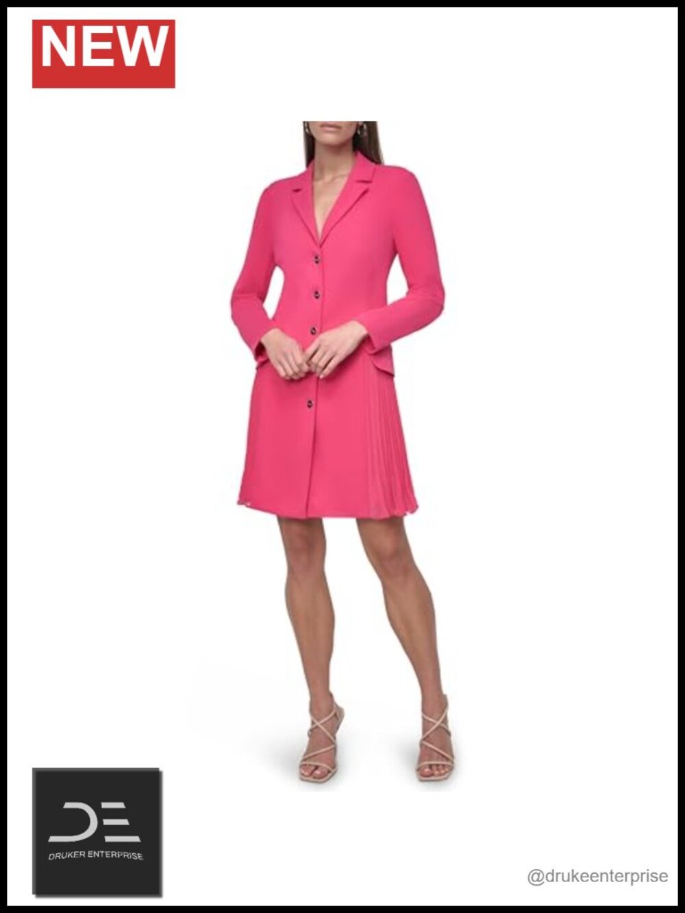 DKNY Long Sleeve Collared Neck Pleated Skirt Blazer Dress Business Casual